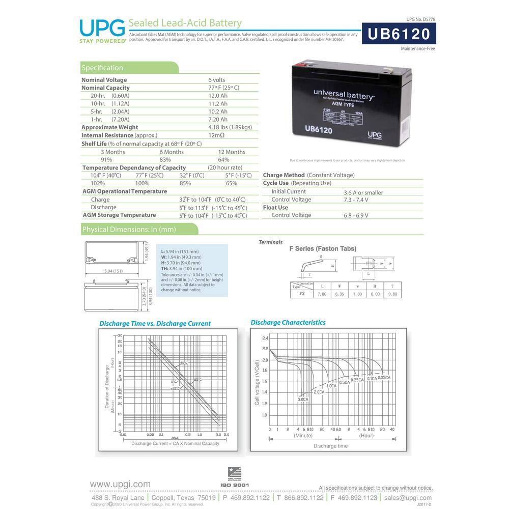 UPG 6-Volt 12 Ah F2 Terminal Sealed Lead Acid (SLA) AGM Rechargeable Battery UB6120