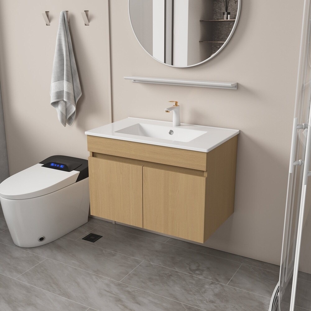 Plywood Wall Mounted Bathroom Vanity Set in Light Oak with Integrated Ceramic Sink