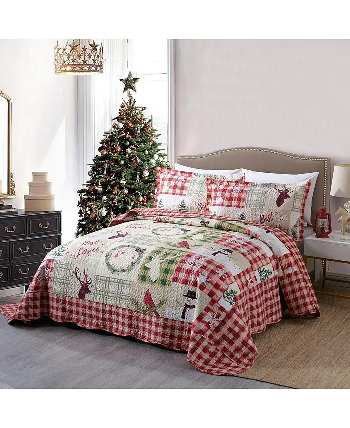 MarCielo 3 Piece Christmas Quilt Bedspread Snowman Reversible Quilt Set B009 - Queen