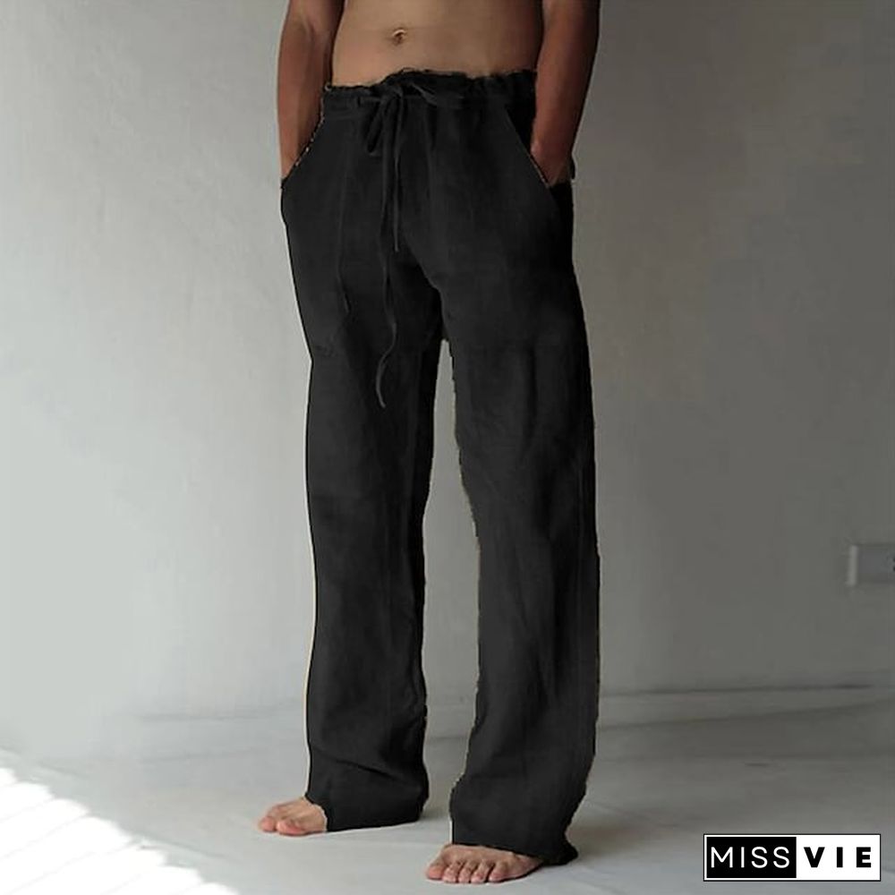 Men's Linen Pants Trousers Summer Pants Baggy Beach Pants Drawstring Front Pocket Straight Leg Plain Comfort Soft Full Length Yoga Holiday Beach Fashion Hawaiian Black White