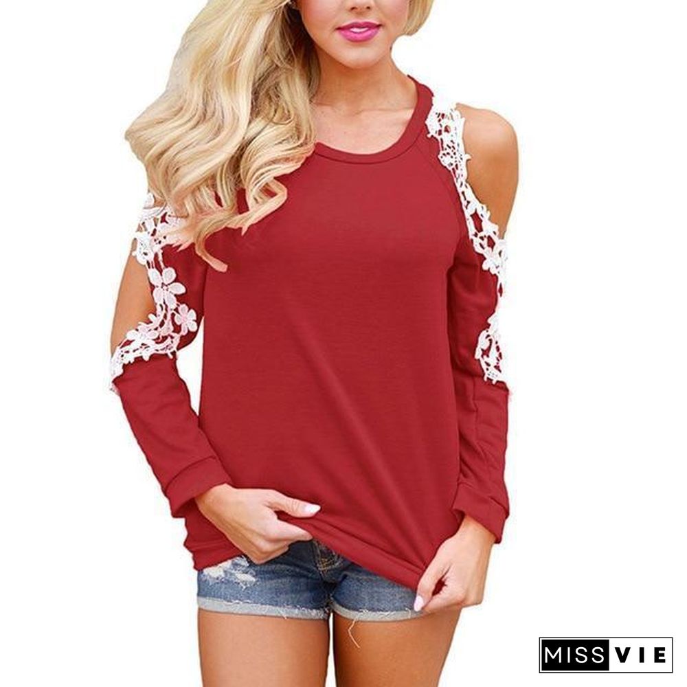 Women Cold Shoulder Long Sleeve Lace Blouse Causal Loose Solid Tops Tees