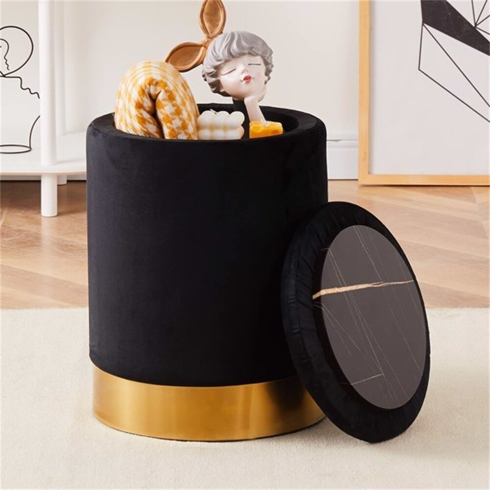 Faux Leather Round Storage Ottoman Foot Stool with Gold Plated Base