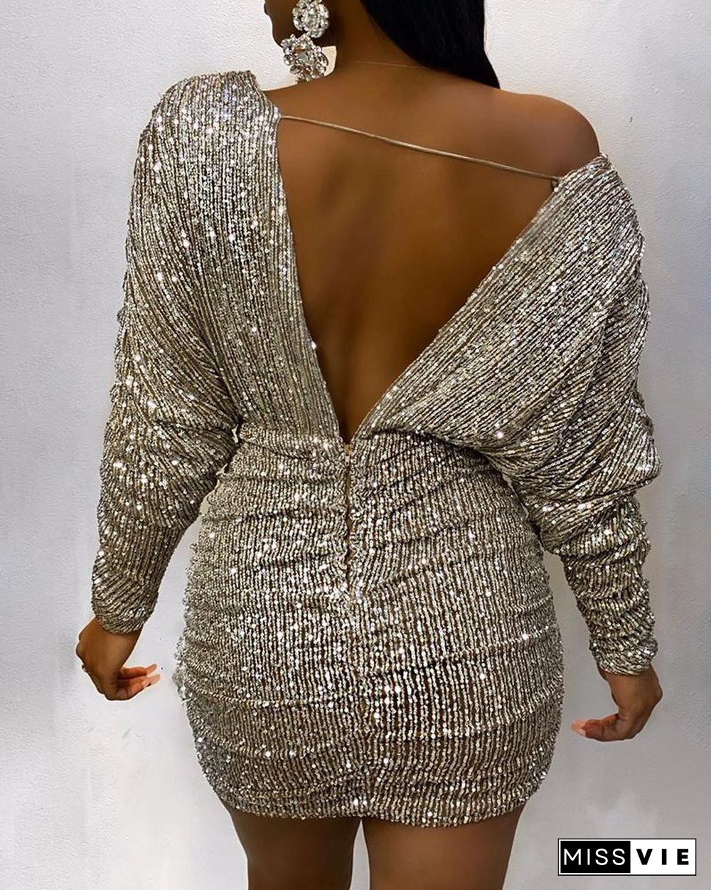 Ruched V-Neck Backless Bodycon Sequin Dress