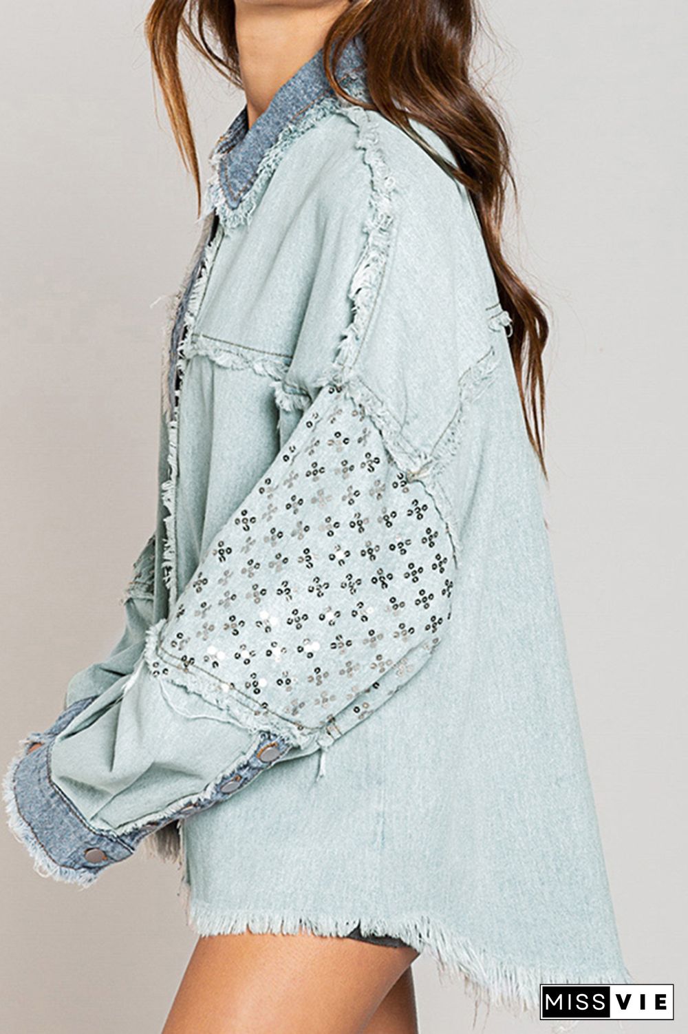 Washed Sequin Raw Trim Open Front Button Denim Jackets