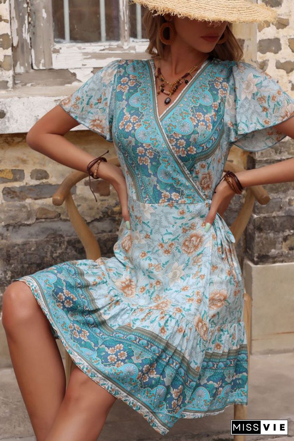 Green Floral V Neck Dress Wholesale