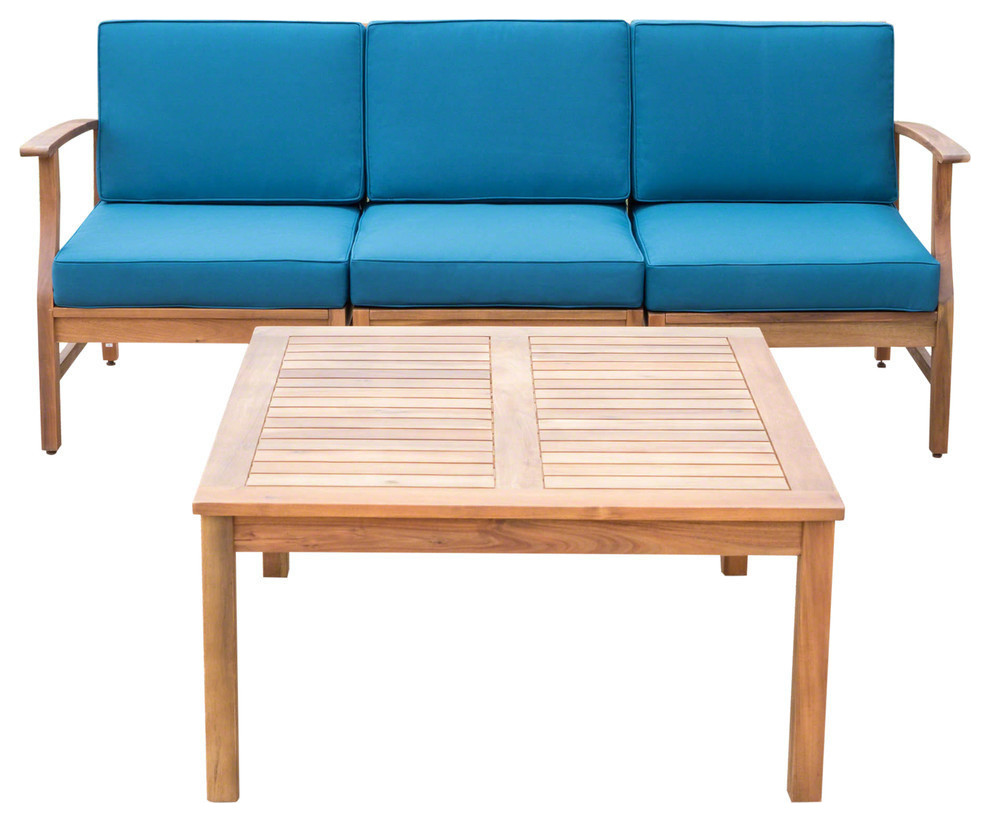 GDF Studio Scarlett Outdoor 3 Seat Teak Finished Acacia Wood Sofa and Table Set   Contemporary   Outdoor Lounge Sets   by GDFStudio  Houzz