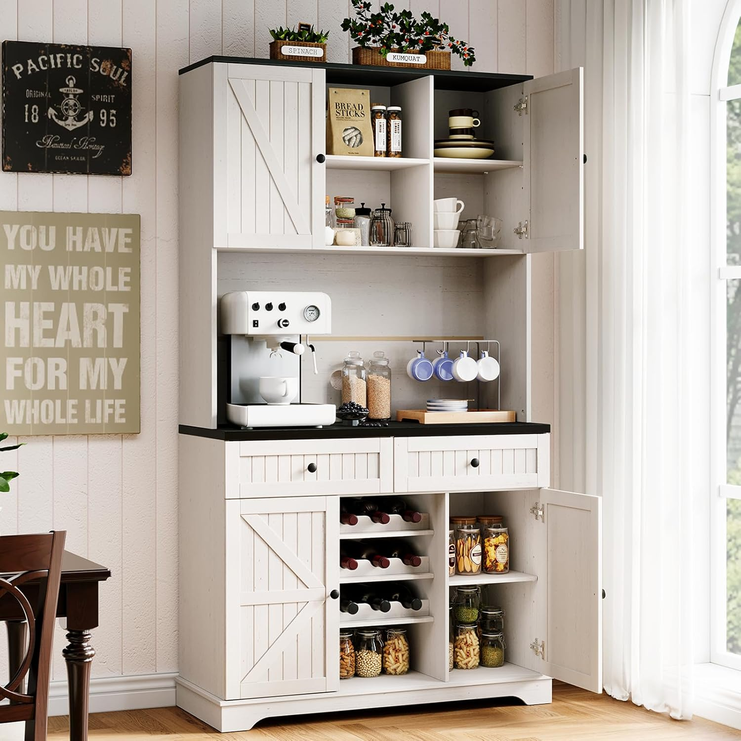 Kitchen Cabinet with Drawers, Wine Rack with Adjustable Shelves , 71 inches.