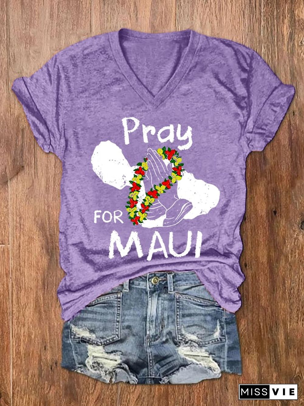 Women's Pray For Hawaii MAUI Wildfire V-Neck Tee