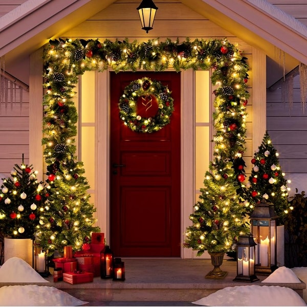 PreLit Holiday Christmas 4Piece Set with LED Lights，Christmas Garlands，Wreath and Set of 2 Entrance Trees