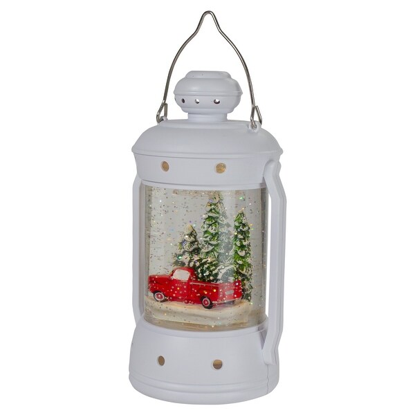 9 White Lantern Christmas Snow Globe with Red Truck and Trees