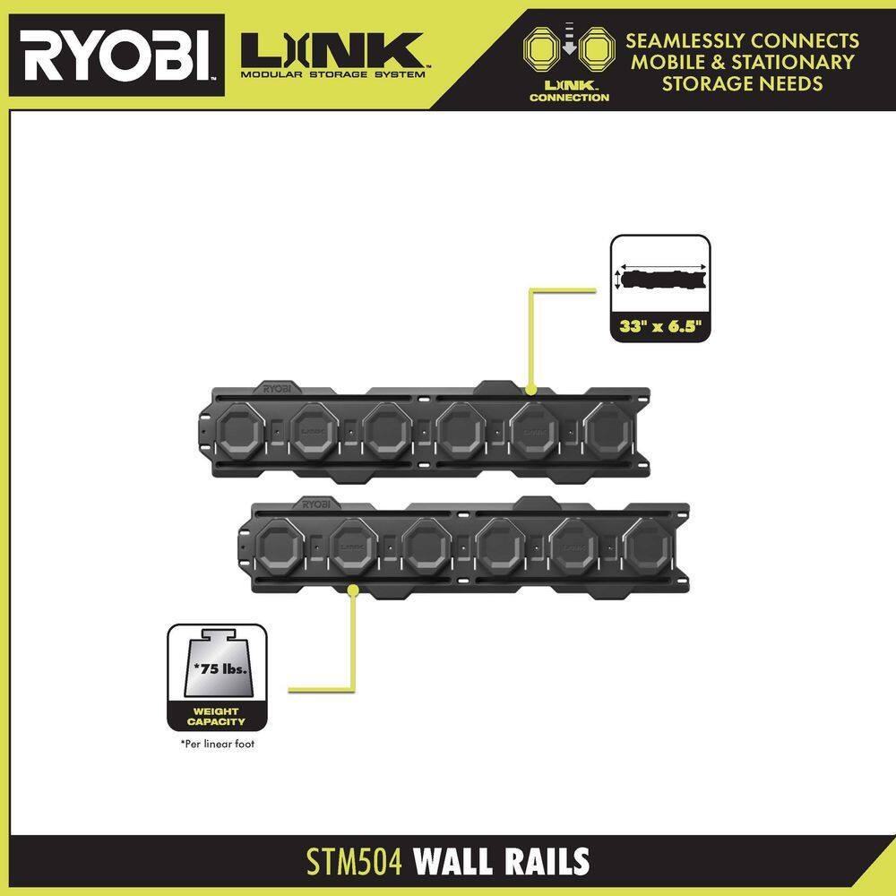 RYOBI LINK Tool Crate with LINK 7-Piece Wall Storage Kit and LINK Wall Rails (2-Pack) STM104-STM503K-STM504