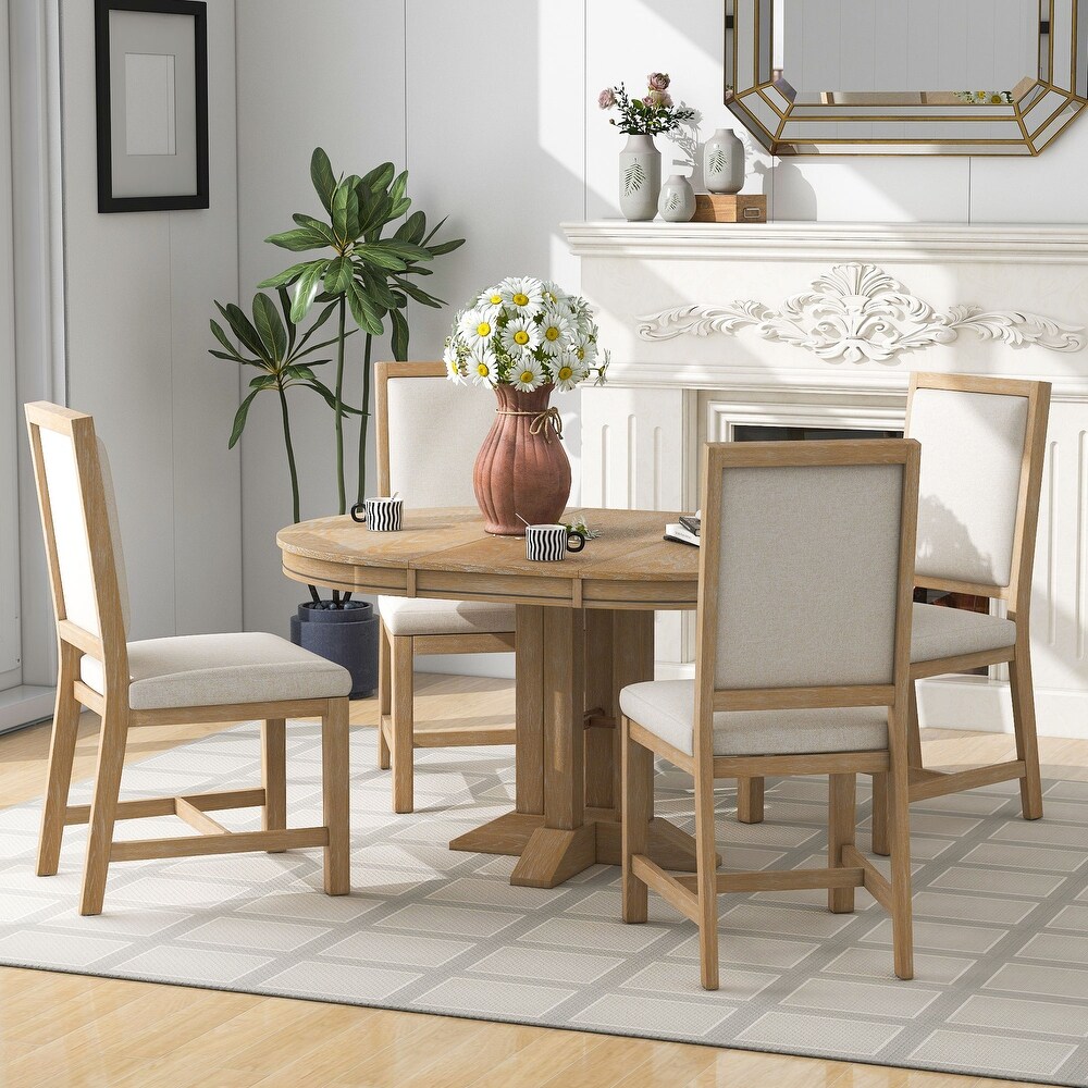 5 Piece Classic Dining Set  Extendable Round Table and 4 Upholstered Dining Chairs  Farmhouse Style Dining Table Sets