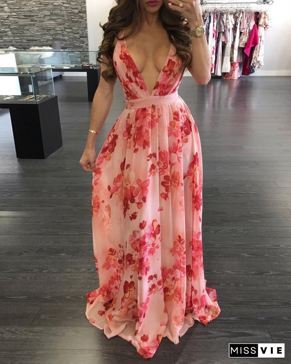 Floral Print Pleated Backless Slip Maxi Dress