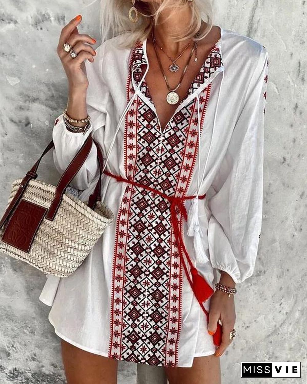 Ethnic Print Lace Up Shirt Dress