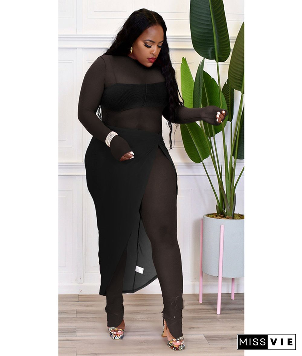 Sheer Mesh Long Sleeve Jumpsuit Cover Up Skirt Sets