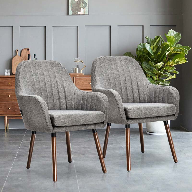 Set of 2 Fabric Dining Chairs, Accent Upholstered Arm Chair with Rubber Wood Legs, Thick Sponge Seat