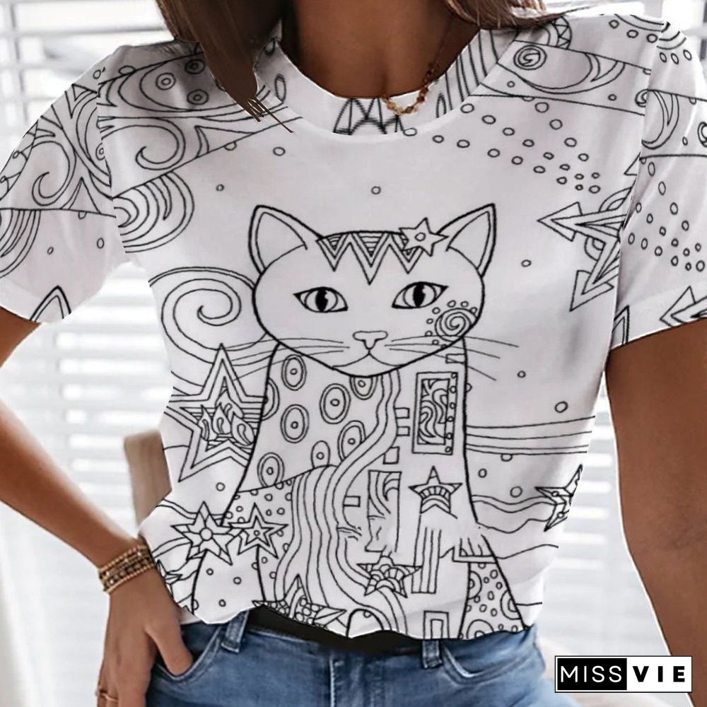 Summer 3D Cute Cat T-shirt Women's Round Neck Street Style Harajuku Loose And Comfortable Fashion Shirt