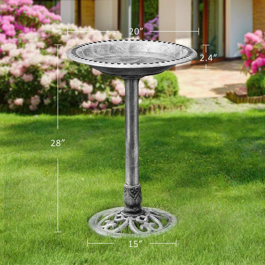 VIVOHOME 28 Inch Height Polyresin Lightweight Antique Outdoor Garden Bird Bath Gray