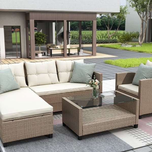 4 Pieces Outdoor Patio Rattan Sectional Set with Cushion and Table