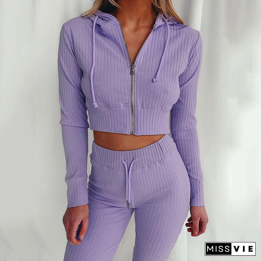 New Womens Tracksuit Zipper Sexy Long Sleeve Crop Tops Hoodies+Long Pants Two Piece Sets Sportwear Clothes 2 Piece Outfits Women