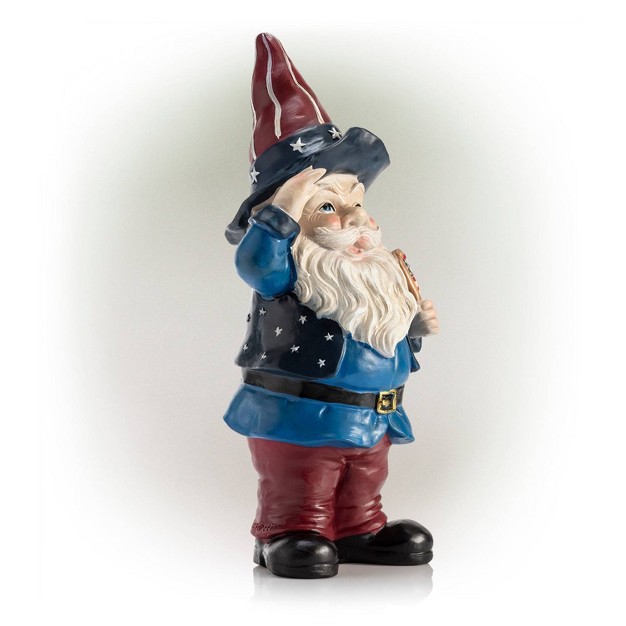 Polyresin stone Americana Saluting Gnome With Flag Red white blue Alpine Corporation