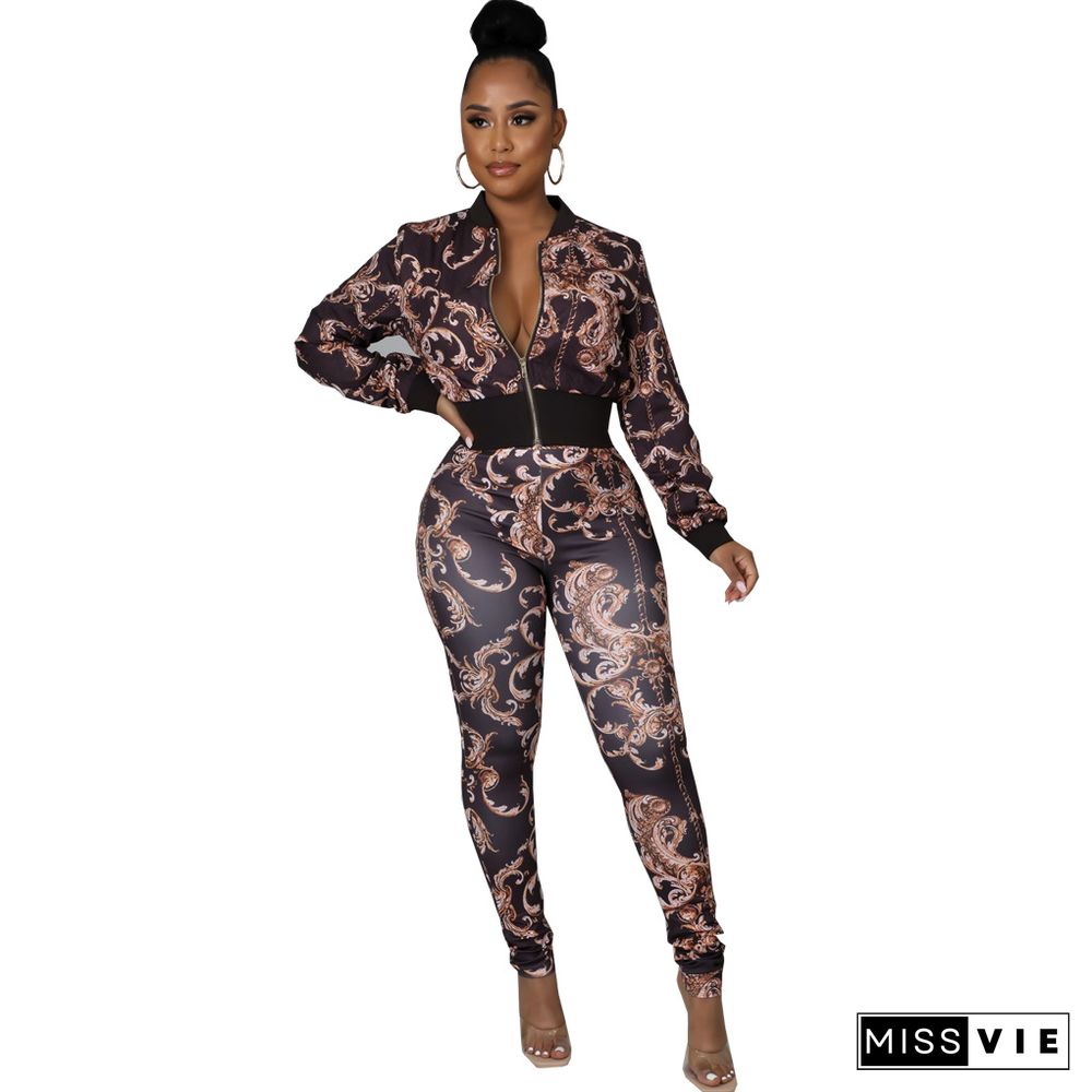 Printed Long Sleeve Zipper Jacket And Pant Suits