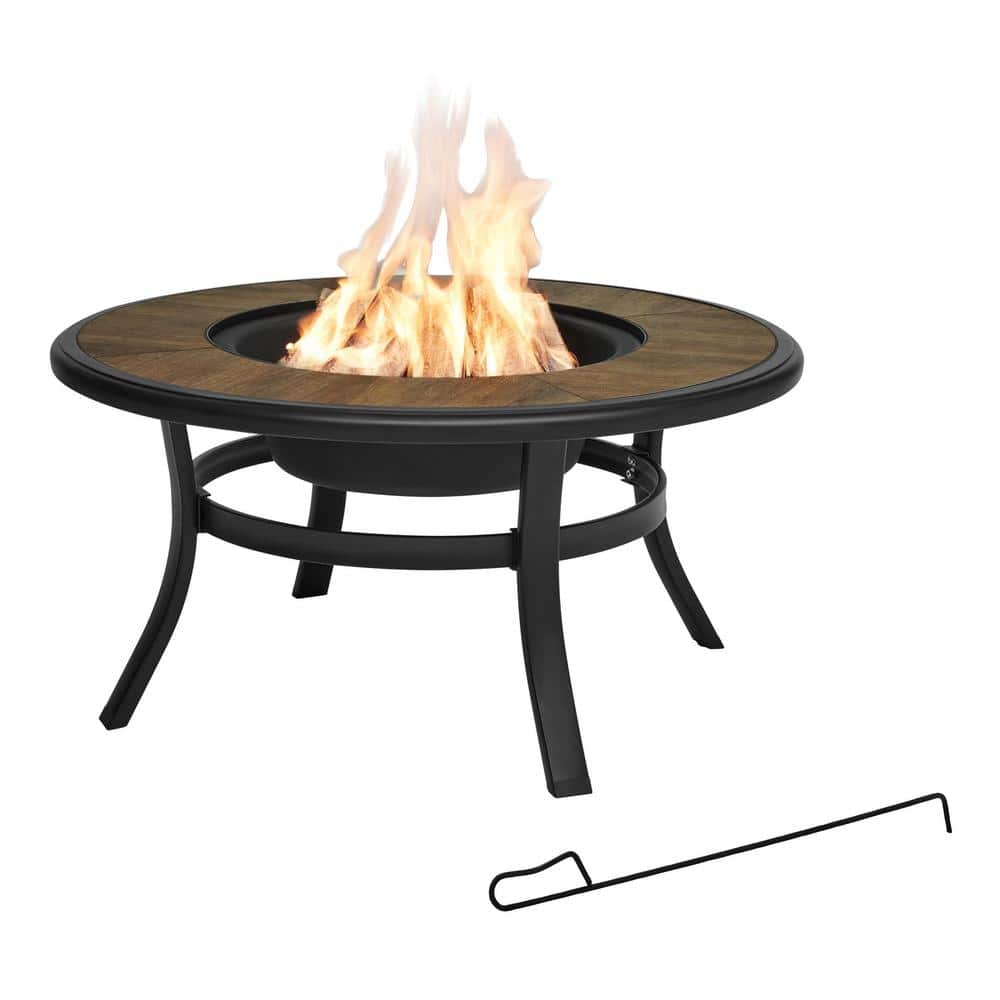 Hampton Bay Whitfield 38 in. Round Black Steel Wood-Look Tile Top Wood Burning Fire Pit 3022FP-1