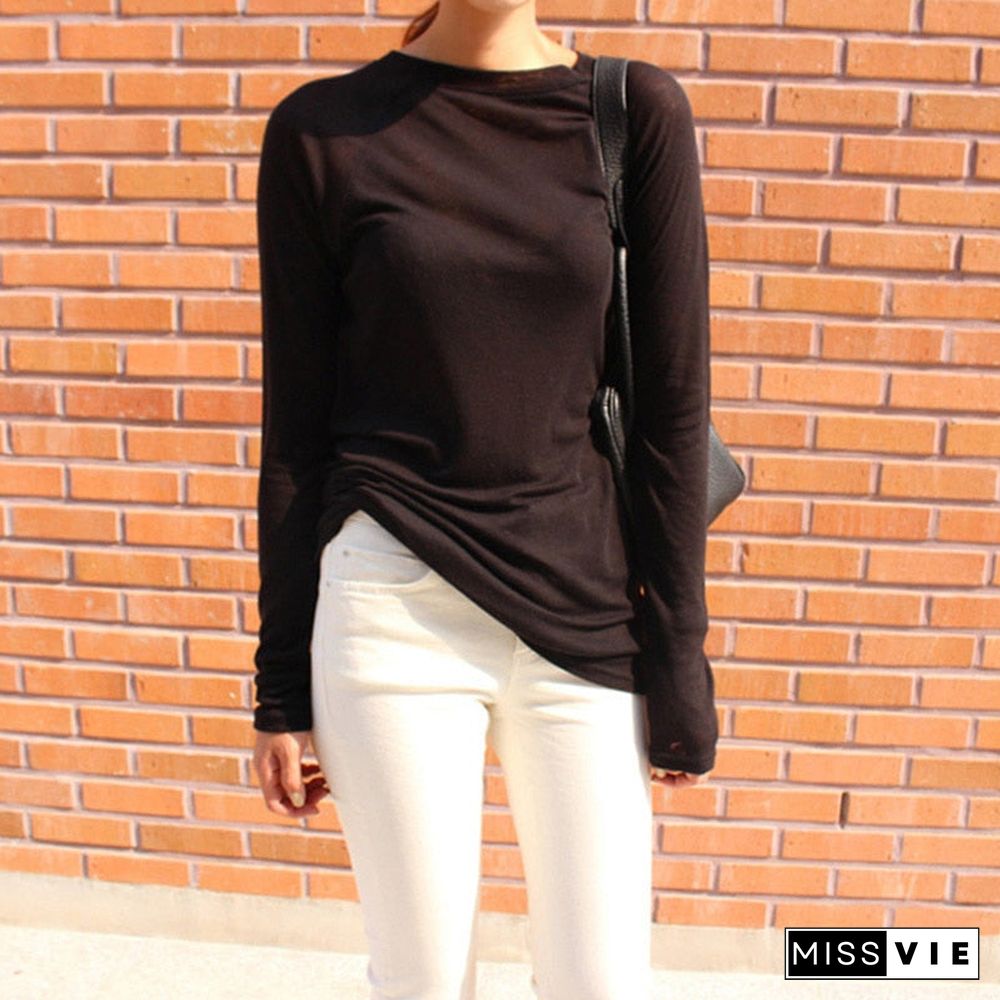 Sexy Women Long Sleeve T-Shirt O-Neck Slim Fit Warm Spring Summer Basic T-Shirts Korean Women Tops Black White Blue Pink