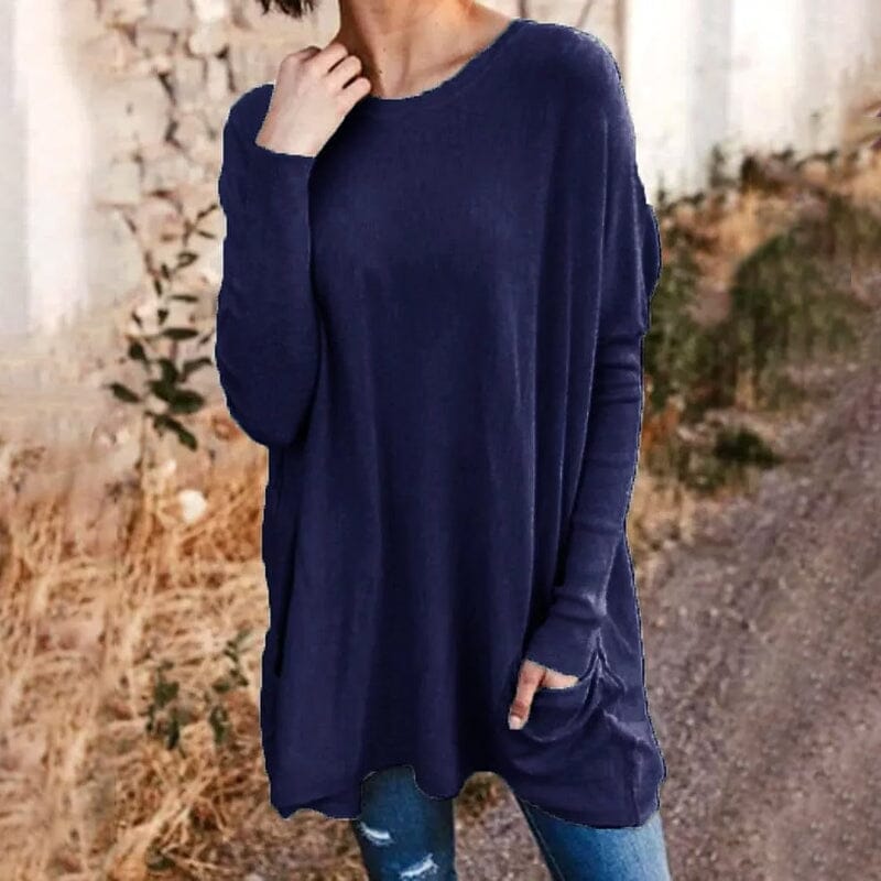 Round Neck Long Sleeve Loose Pocket Solid T-Shirt