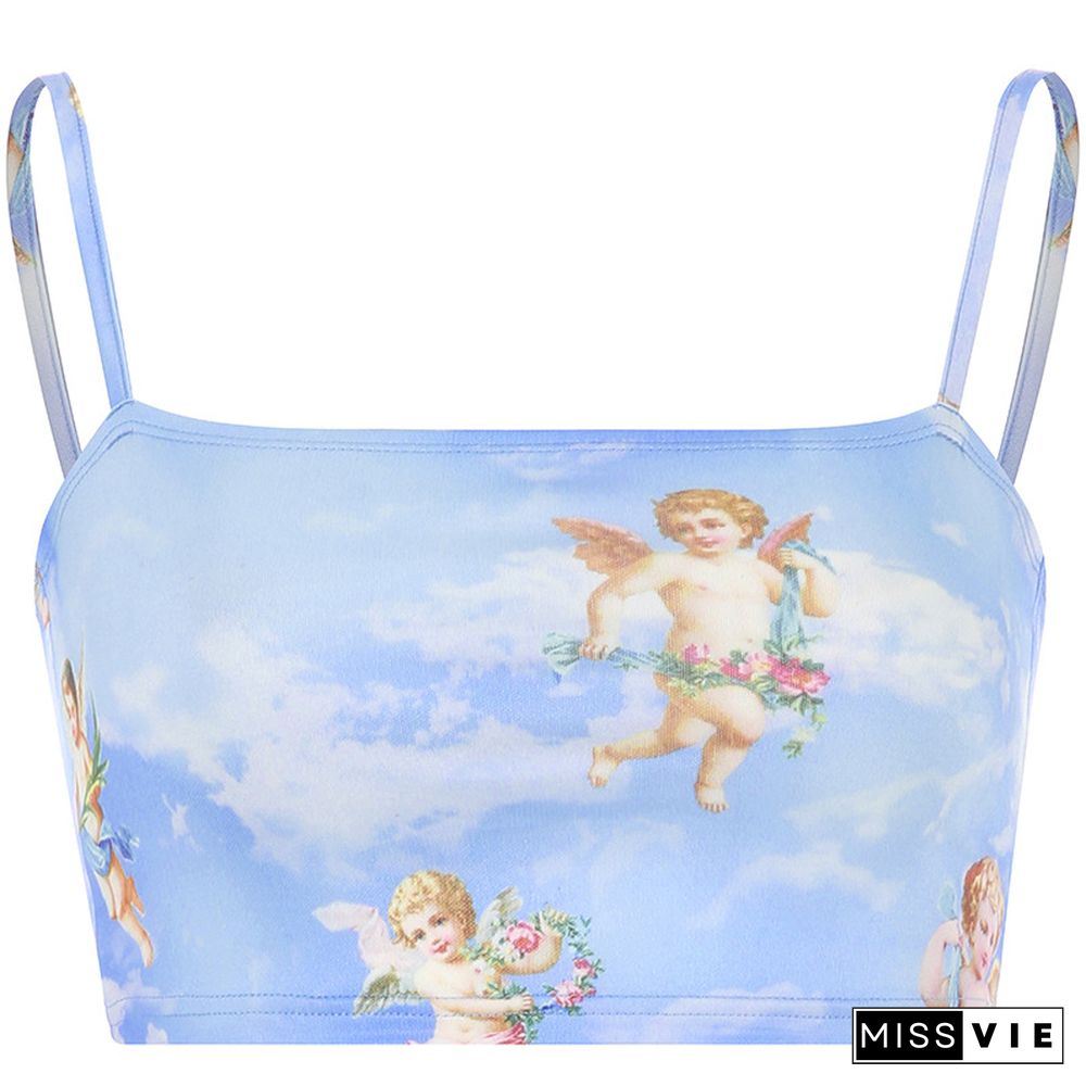 New Fashion Women Camisole Sling Top Vest Sleeveless Cold Shoulder The Angel Of Cupid Print Short Camis Female Summer Top