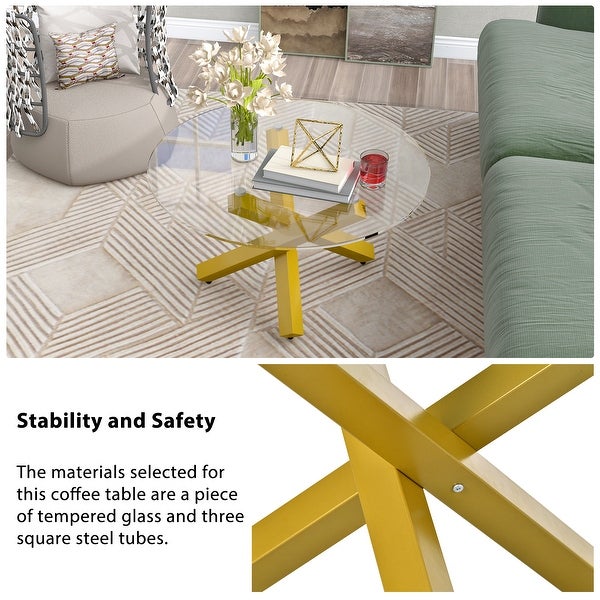 3 legs Simple and Modern Style Coffee Table with Tempered Glass Tabletop and Steel Pipes with Adjustable Plastic Pads