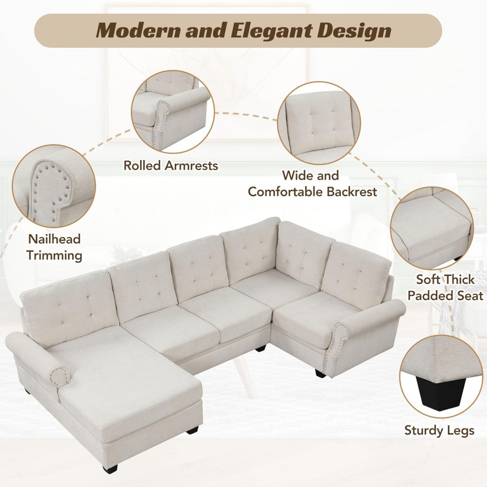 Traditional U Shaped Sectional Sofa  Square Tufted Back  ampNailhead Arms   Transitional   Sectional Sofas   by Decor Love  Houzz