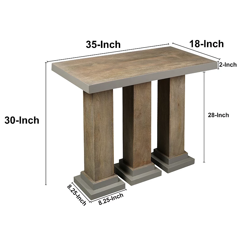 35 Inch Handcrafted Console Table， Solid Mango Wood with Pillar Style Legs in Rustic Brown Finish