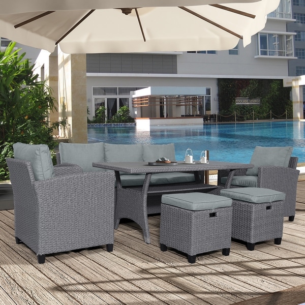 6Piece Outdoor Patio Rattan Wicker Sofa Conversation Set with Cushion and Chair，Stools and Table