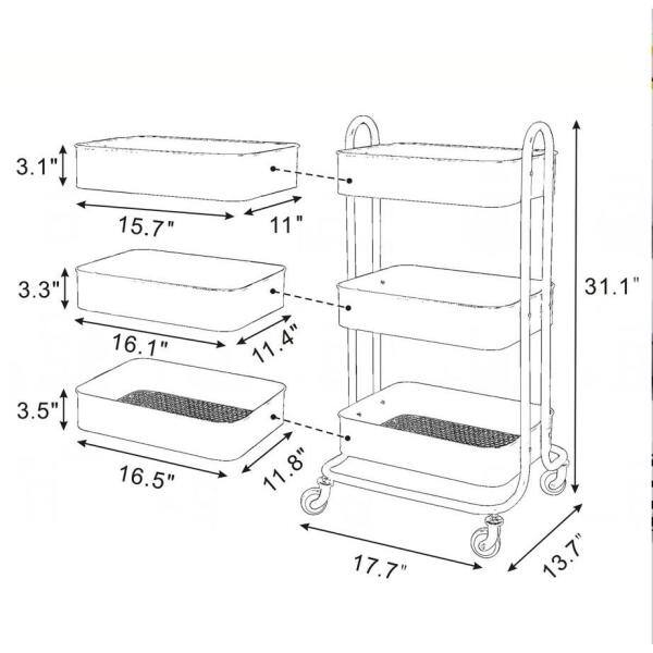 Huluwat 3-Tier Metal 4-Wheeled Storage Shelves Utility Cart in Gray RY-G-USBO4506