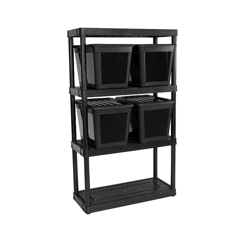 Gracious Living 4 Shelf Ventilated Garage Shelving + 4 Storage Bins and Lid， Black