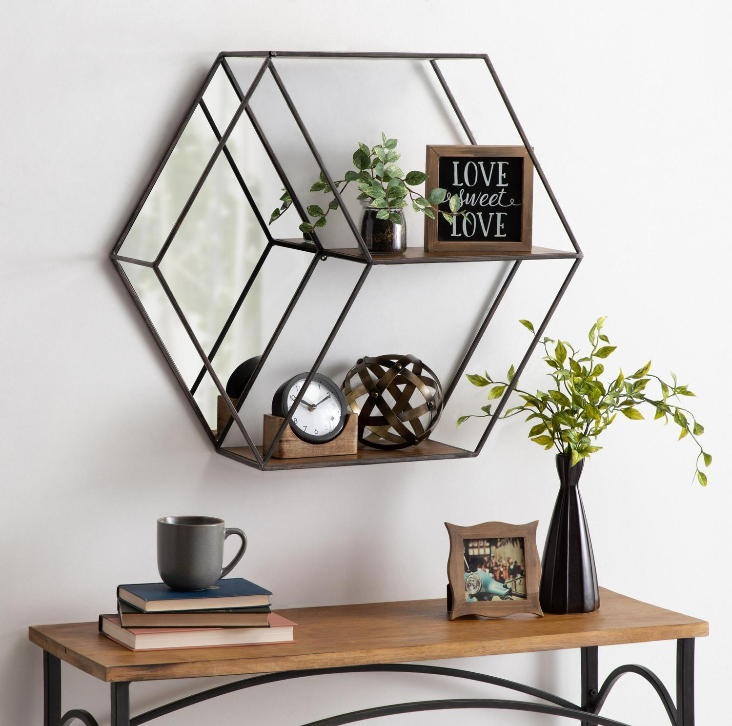 Kate and Laurel Lintz Modern Hexagon Floating Wall Shelves with Mirror， Black Metal Frame with Rustic Brown Shelves