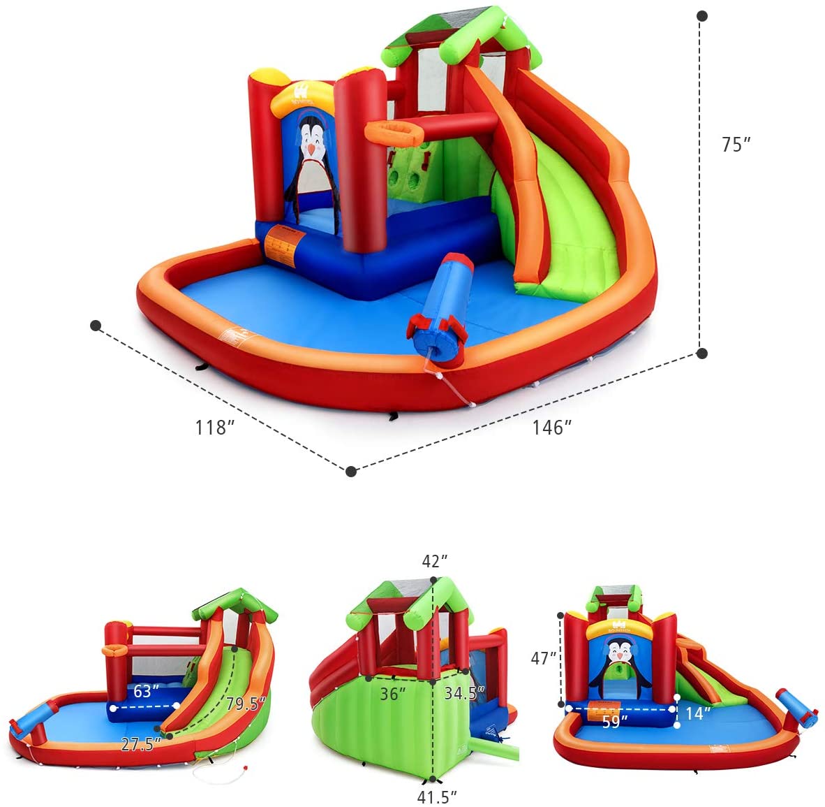 Inflatable Water Slide, 6 in 1 Jumping Bounce House/ With Air Blower