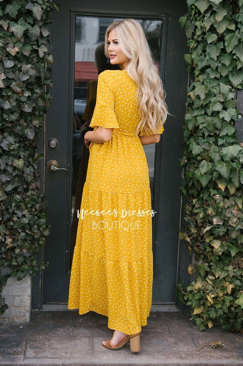 Polka Dot Flutter Sleeve Tiered Maxi Dress