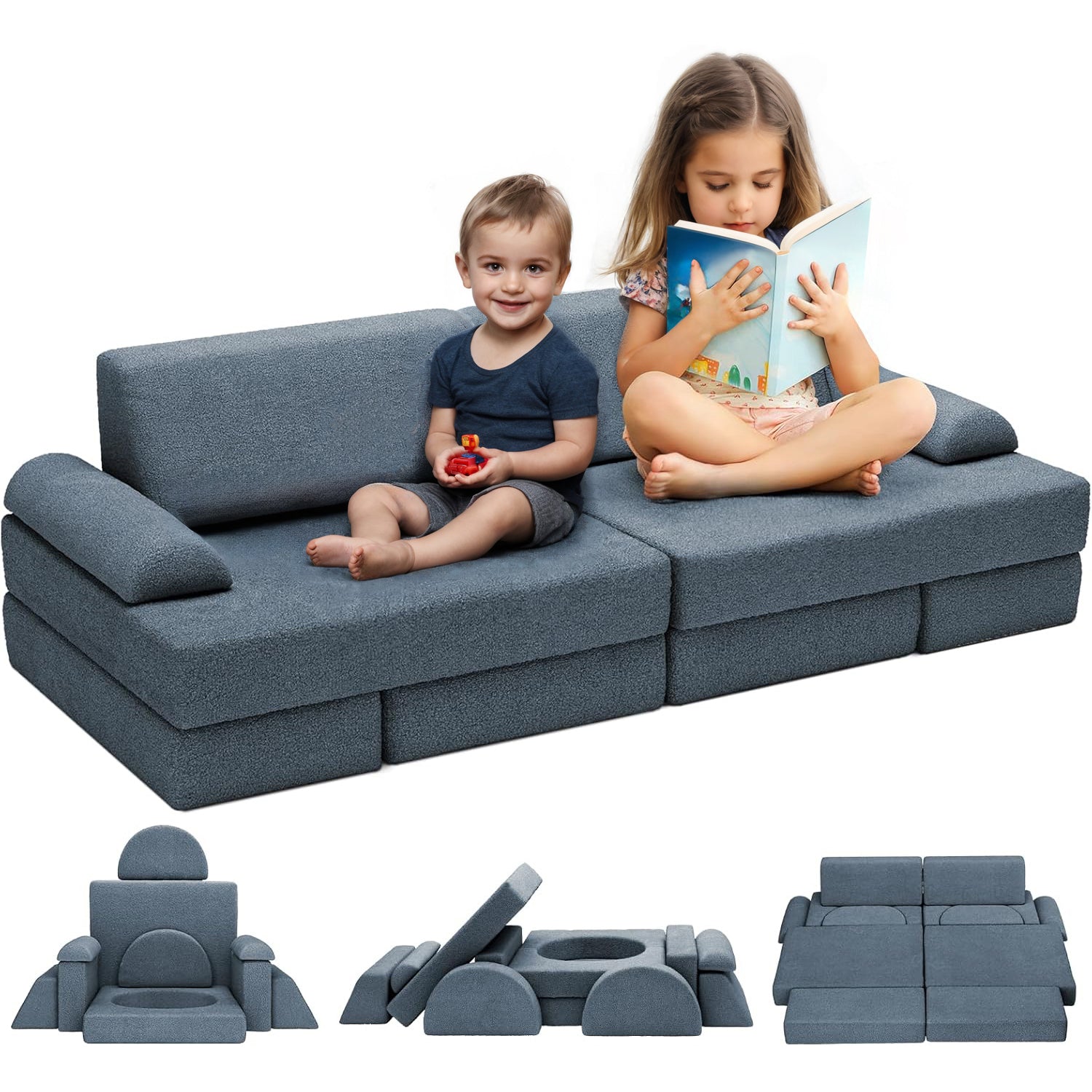 Modular Kids Play Sofa, 12 Piece Toddler Combo Sofa Washable Teddy Bear Fabric Cover, Convertible Foam and Floor Cushions