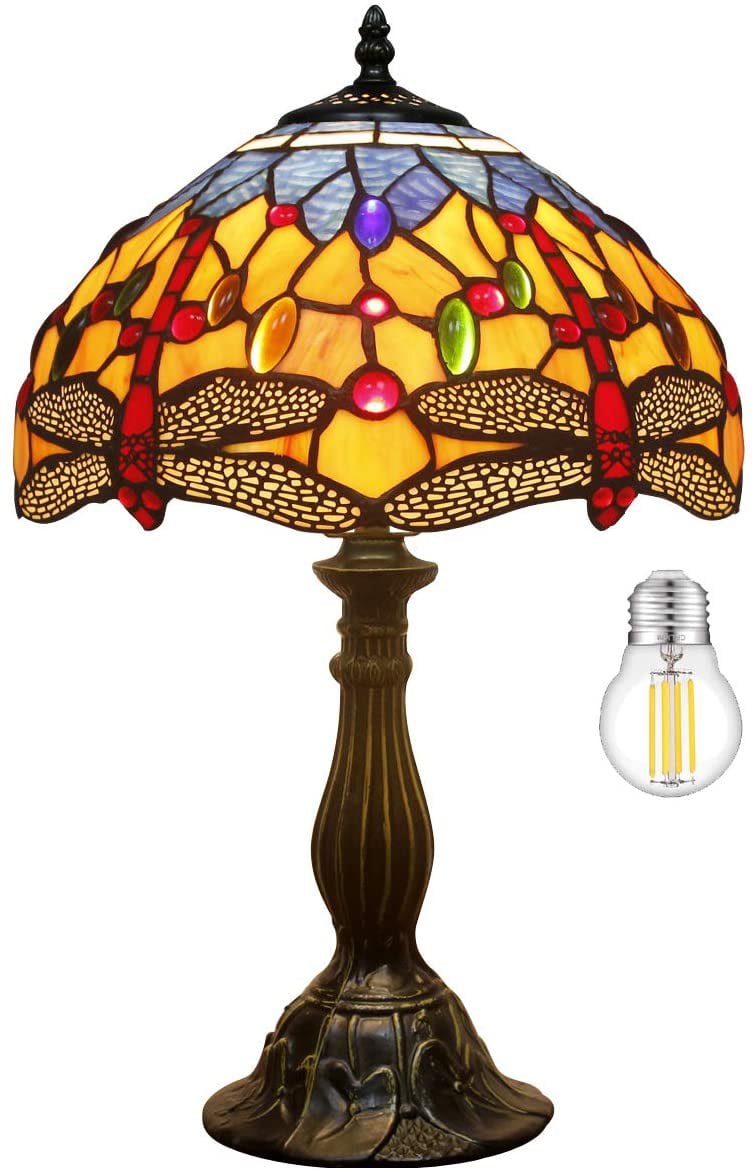 SHADY Tiffany Lamp Stained Glass Bedside Table Lamp Orange Blue Dragonfly Style Reading Desk Light 12X12X18 Inches Decor Bedroom Living Room Home Office S168 Series