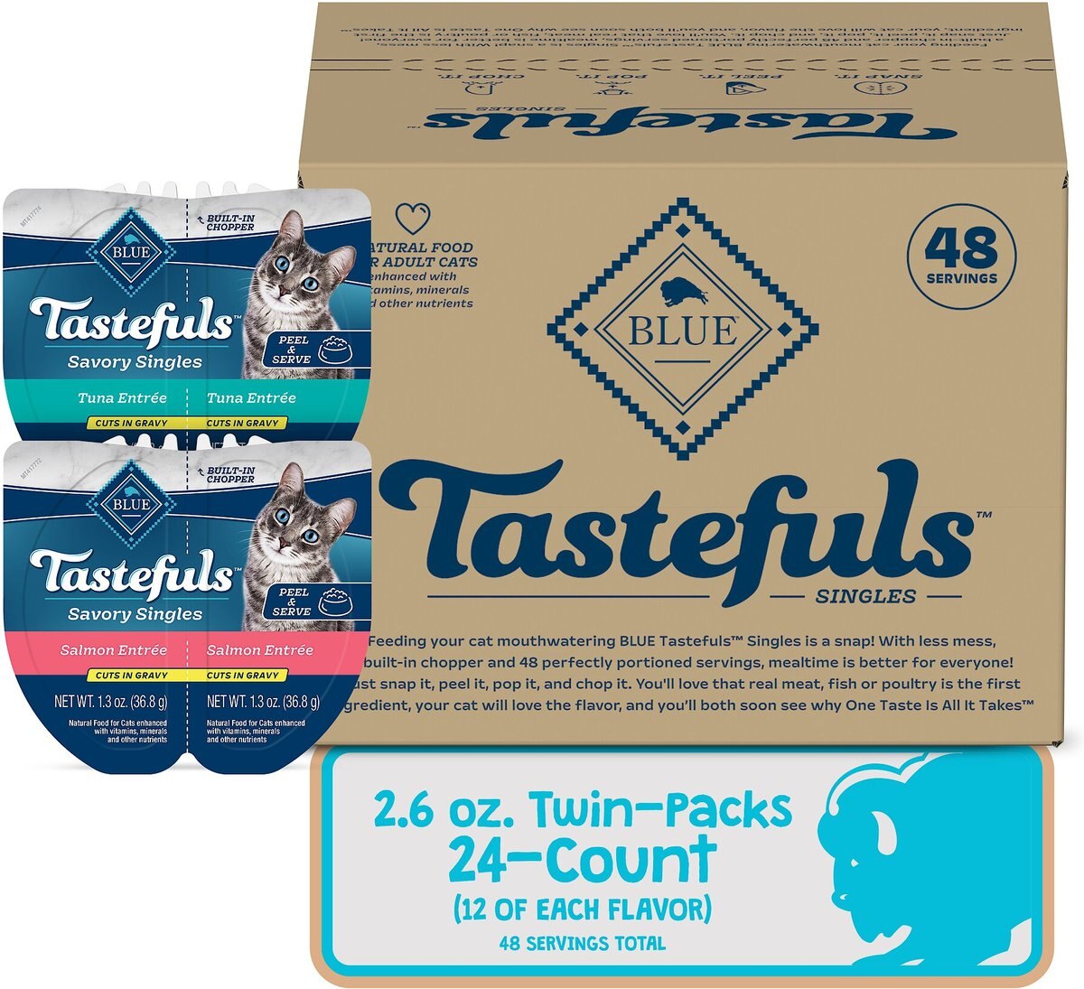 Blue Buffalo Tastefuls Savory Singles Salmon and Tuna Entrée Cat Food， 2.6-oz cup， 24 count