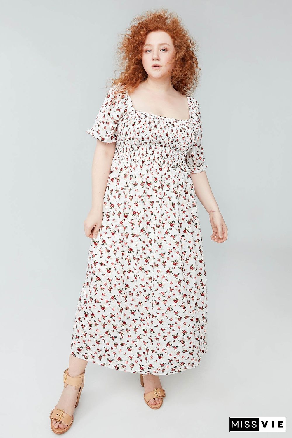 Floral-Print Puff Sleeve Midi Dress P11999