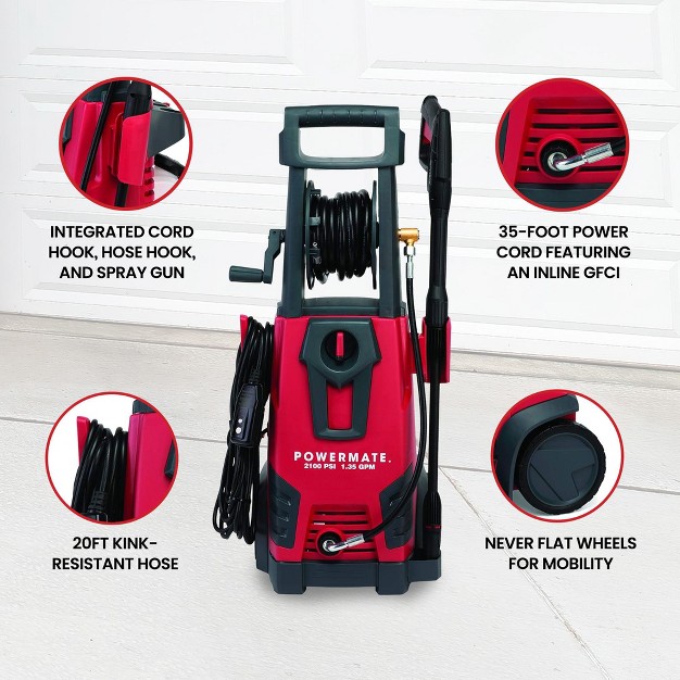 Powermate 2100 Psi 1 3 Gpm Portable Cold Water Electric Pressure Washer With Onboard Storage 20 Foot High Pressure Hose And Auto Stop Switch Red