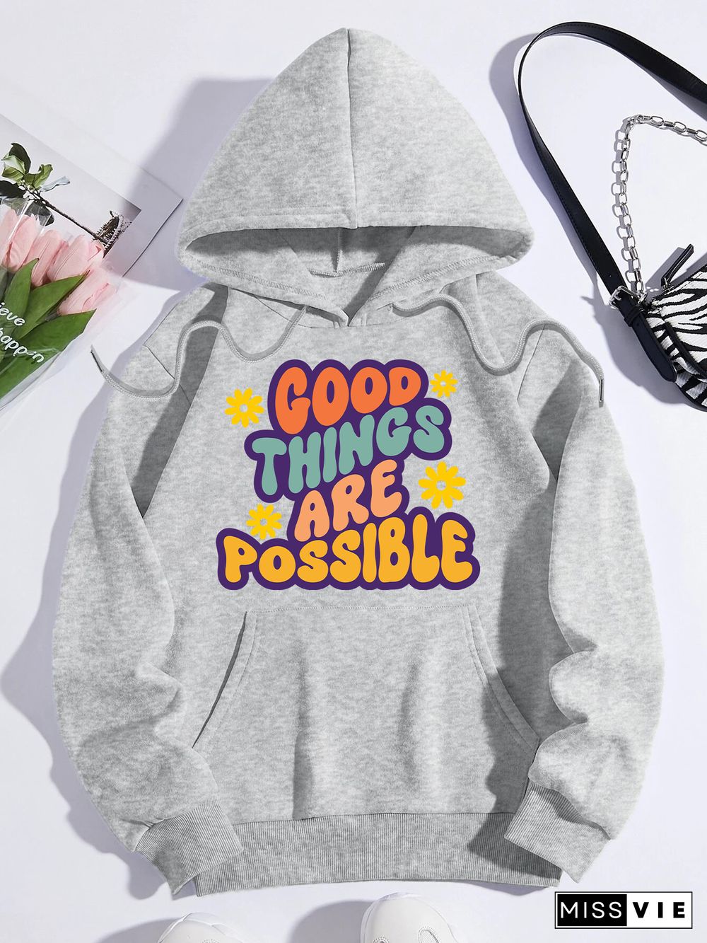 Printed on front Kangaroo Pocket Hoodie Long Sleeve for Women Pattern good things are possble