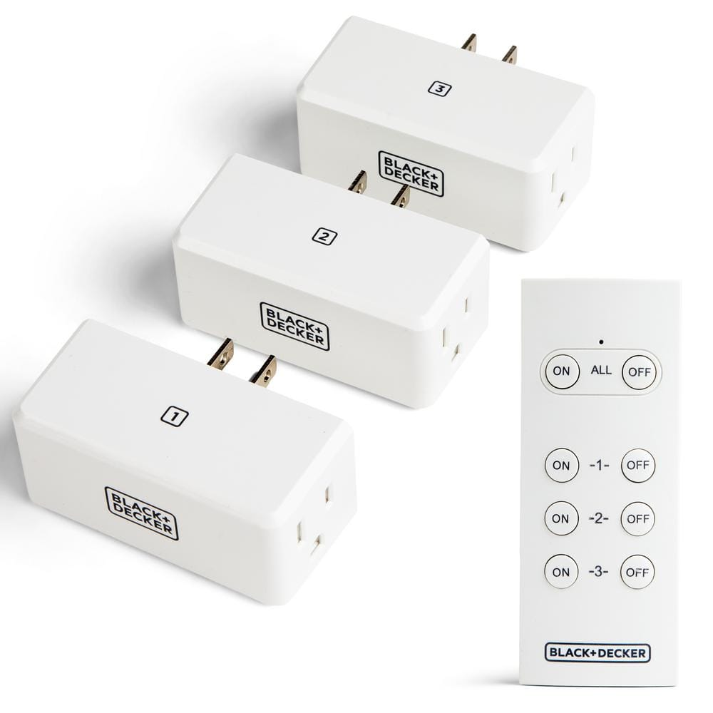 BLACK+DECKER 1 Amp to 15 Amp Plug-In Indoor Wireless Remote Control System with 3 Smart Adapters Grounded and 1 Remote, White BDXPA0002