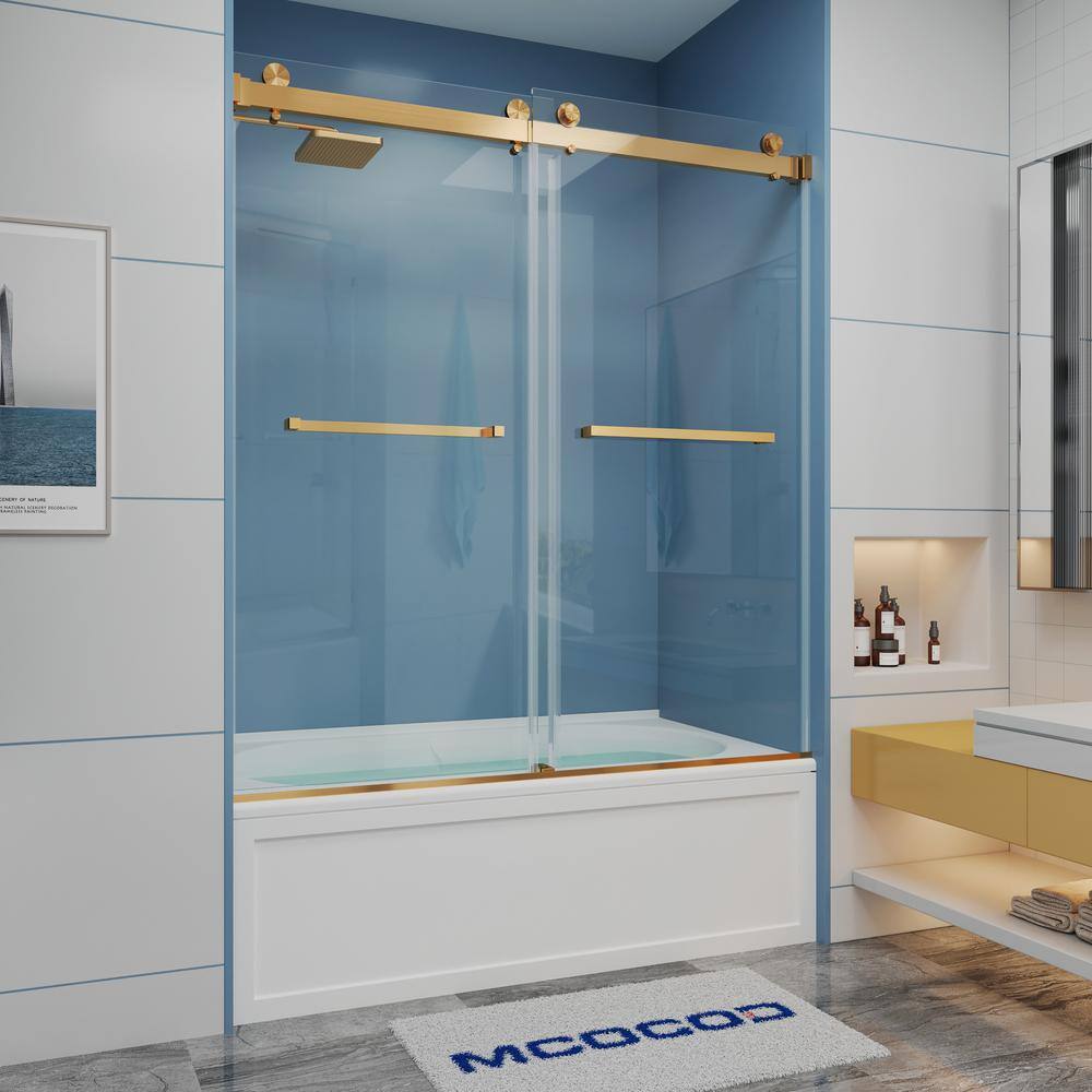 MCOCOD 60 in. W x 60 in. H Double Sliding Frameless Tub Door in Brushed Gold with Smooth Sliding and 38 in.(10 mm) Clear Glass DS01-60x60-BG