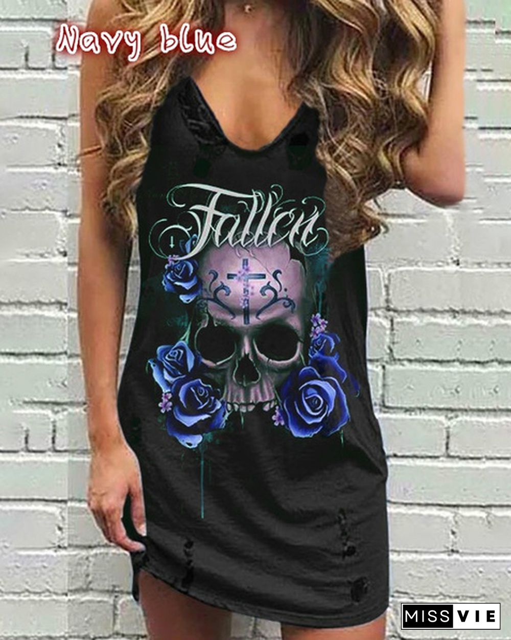 Women's tank Dress Sleeveless Summer Fashion Skull and Rose Print V-collar Casual Loose Dress Plus Size