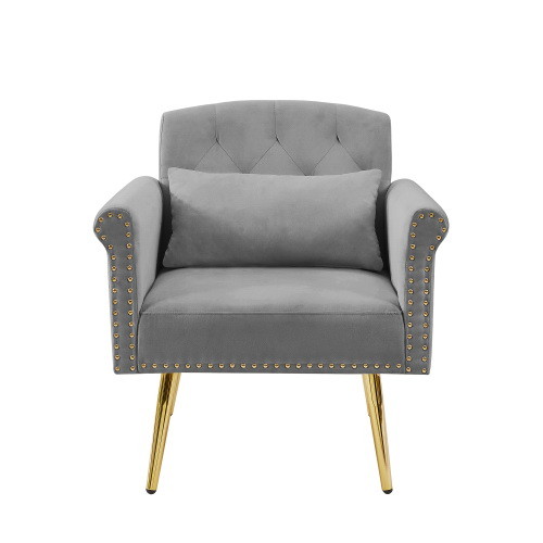 Grey Velvet Armchair with Metal Legs