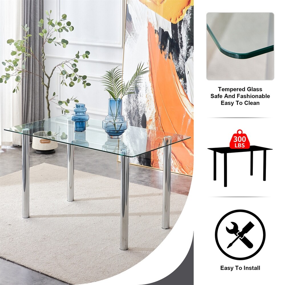 Rectangular Glass Dining Table  Modern Clear Tempered Glass Table with Metal Tube Legs (51x31\